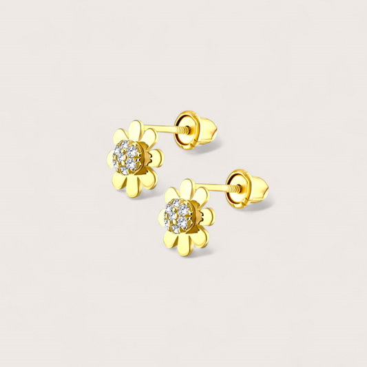 Dainty 14K Solid Gold Daisy Flower Earrings with secure screw backs. Solid 14K Gold, Small Gold Earrings, Sleeper backs. 