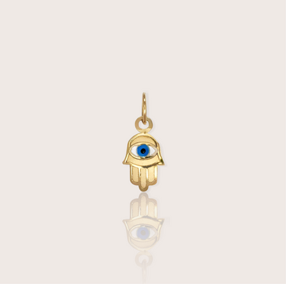 Dainty 14K Gold Hamsa Hand Charm with Enamel Evil Eye