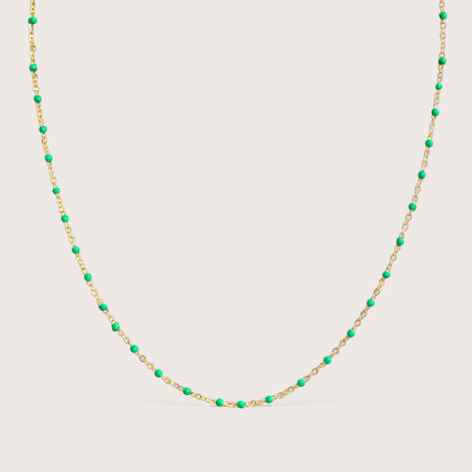 14K gold filled emerald green enamel beaded station necklace on white background
