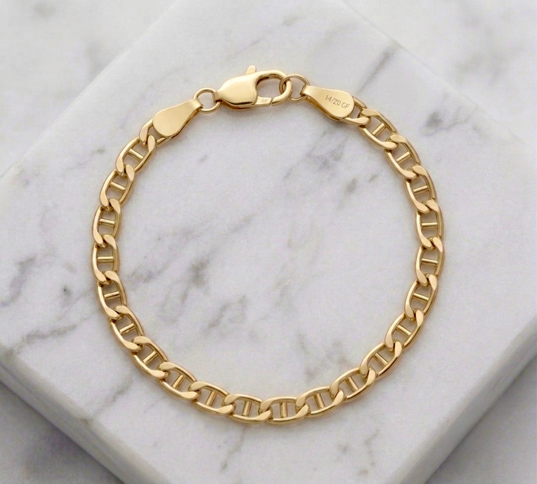 Mariner link  bracelet in 14 Gold Filled water-safe non tarnishing gold, featuring Flat Mariner Chain links, for men, women, adjustable bracelet size option available, total length is 7.5” with adjustable chain