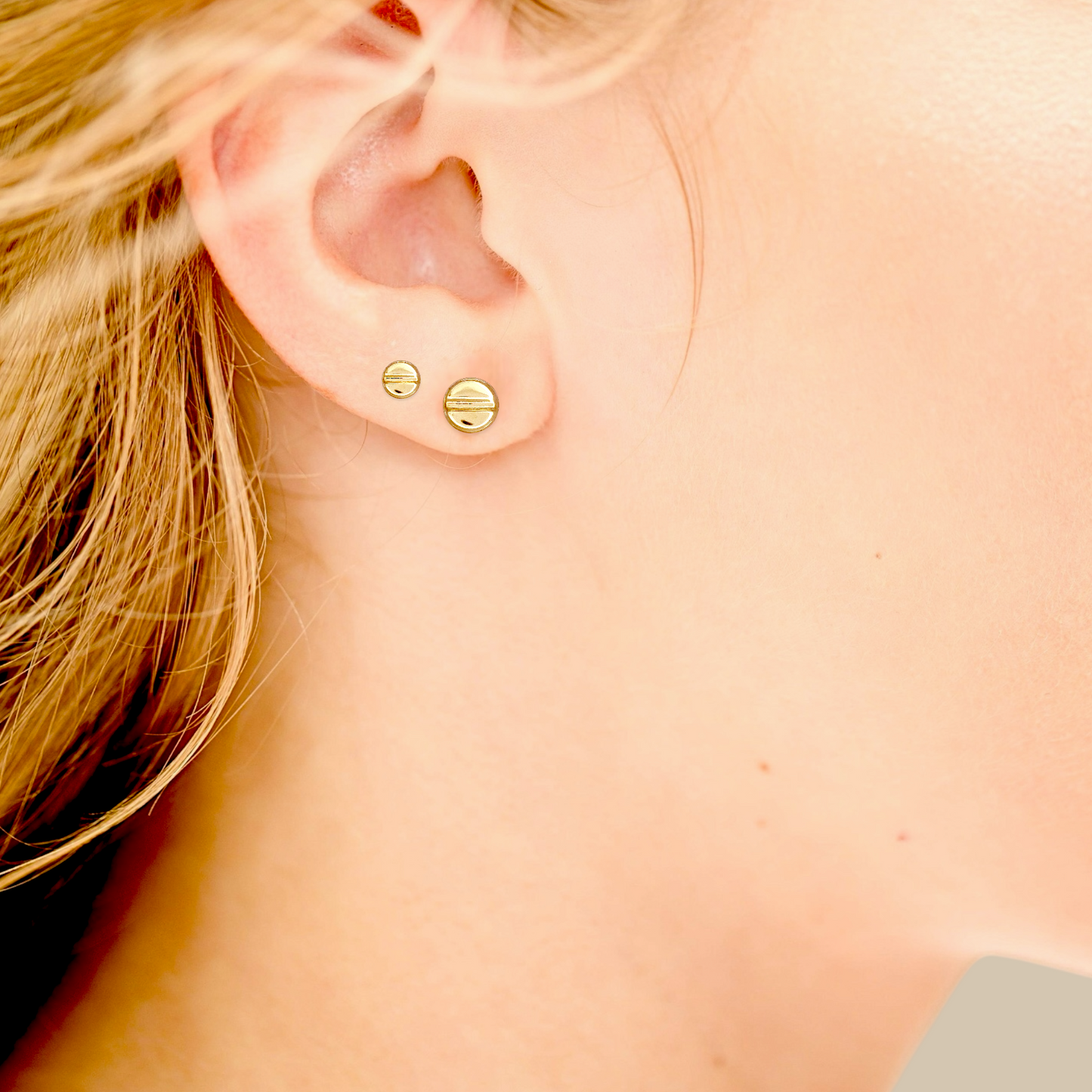 Model Wearing 14K Gold Love Stud Earrings – Everyday Luxury