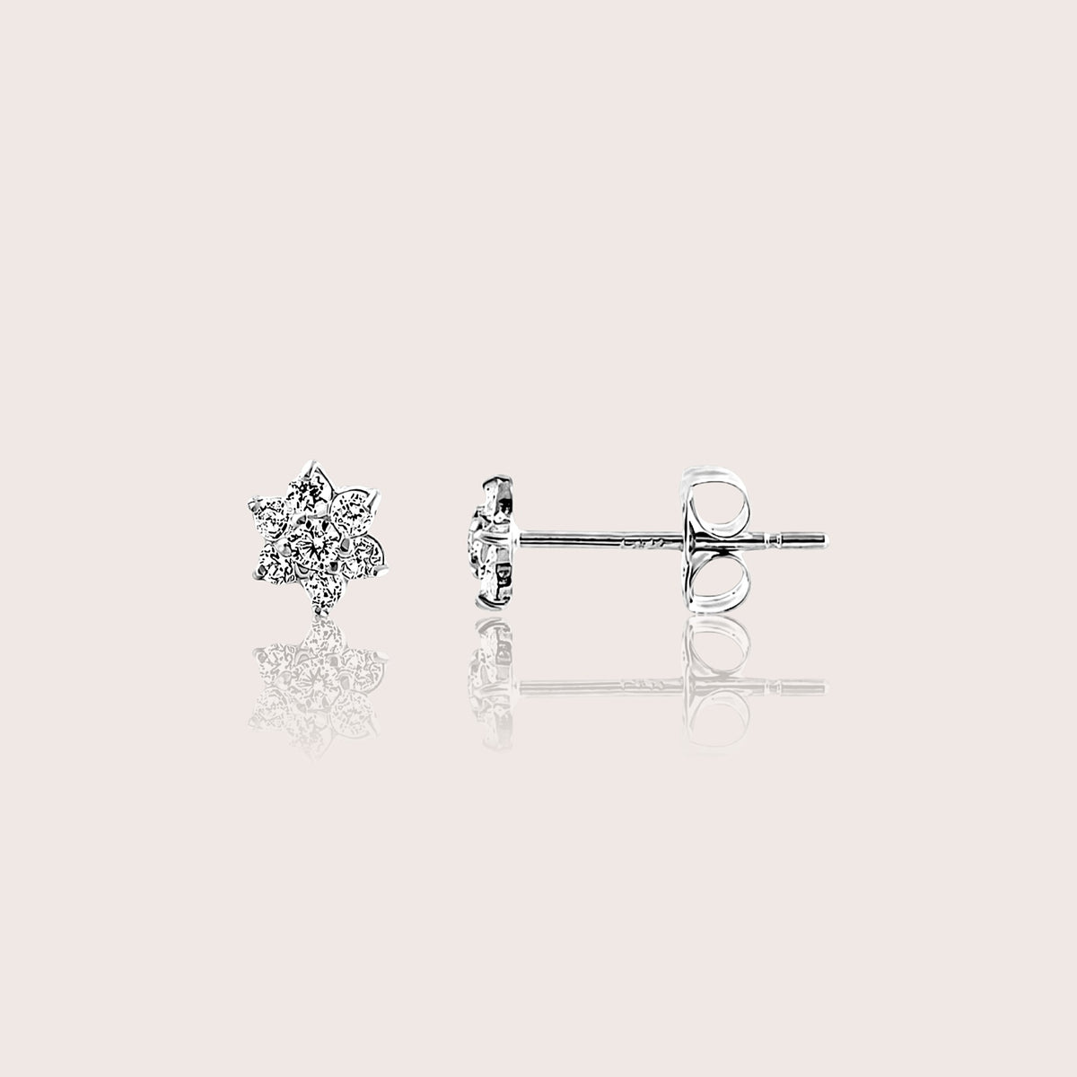 Solid 14K white gold flower stud earrings with lab-grown diamond clusters