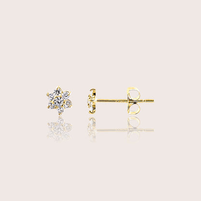 Solid 14K yellow gold flower stud earrings with lab-grown diamond clusters