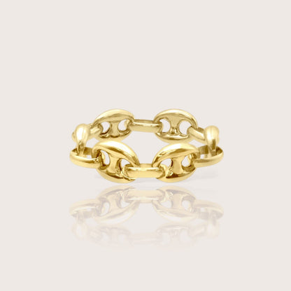 Close up of 14K Yellow Gold Puffed Mariner Chain Ring. Featuring puffed, hollow links.
