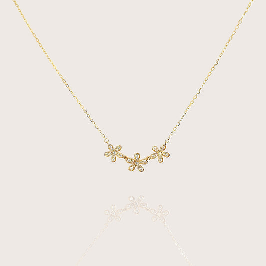 Dainty 14K gold flower necklace with CZ stones, solid gold floral charm