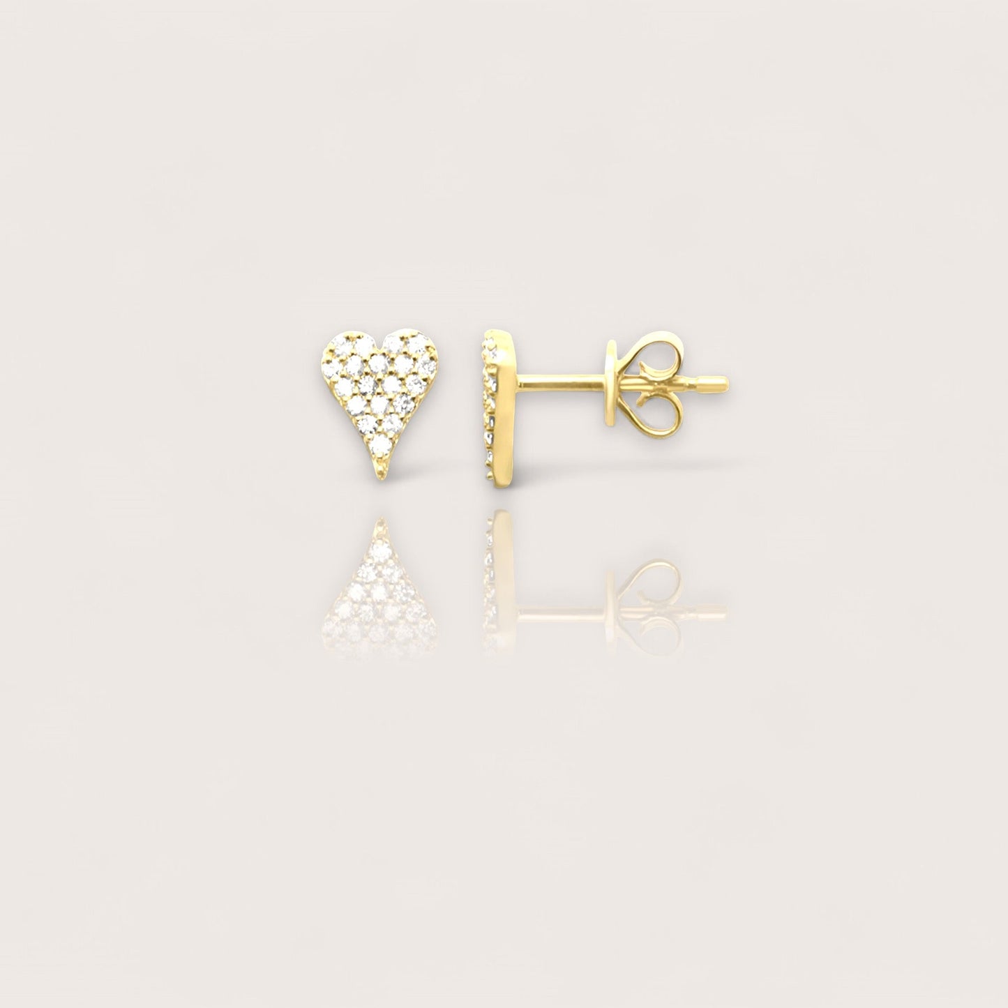 Front  and side view of 14K yellow gold pave diamond heart stud earrings in solid gold