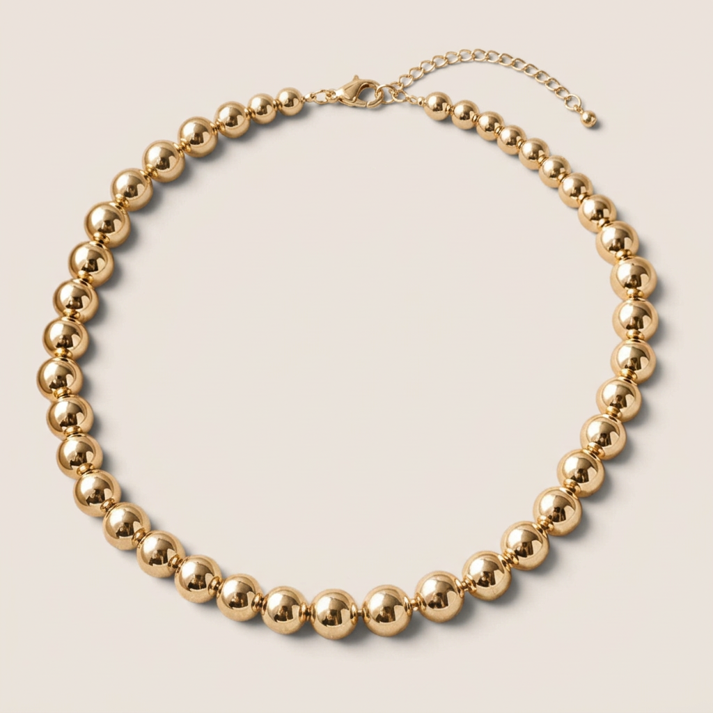 Front view of a 14K gold-filled chunky round bead necklace on a warm beige background