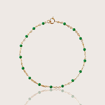 14K Gold Filled Emerald Green Enamel Bead Bracelet — close-up of satellite chain with stationed enamel beads | Ashley Nicole Jewelry
