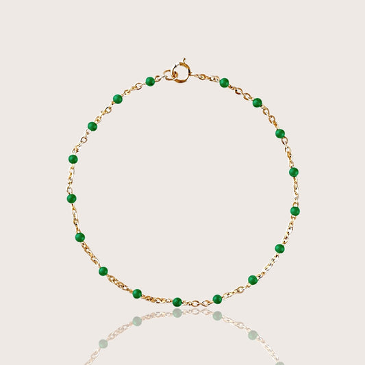 14K Gold Filled Emerald Green Enamel Bead Bracelet — close-up of satellite chain with stationed enamel beads | Ashley Nicole Jewelry