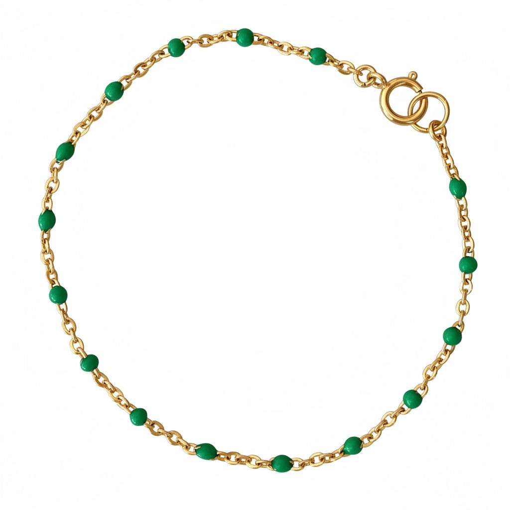 14K Gold Filled Emerald Green Enamel Bead Bracelet flat lay on white background — handcrafted satellite chain bracelet by Ashley Nicole Jewelry