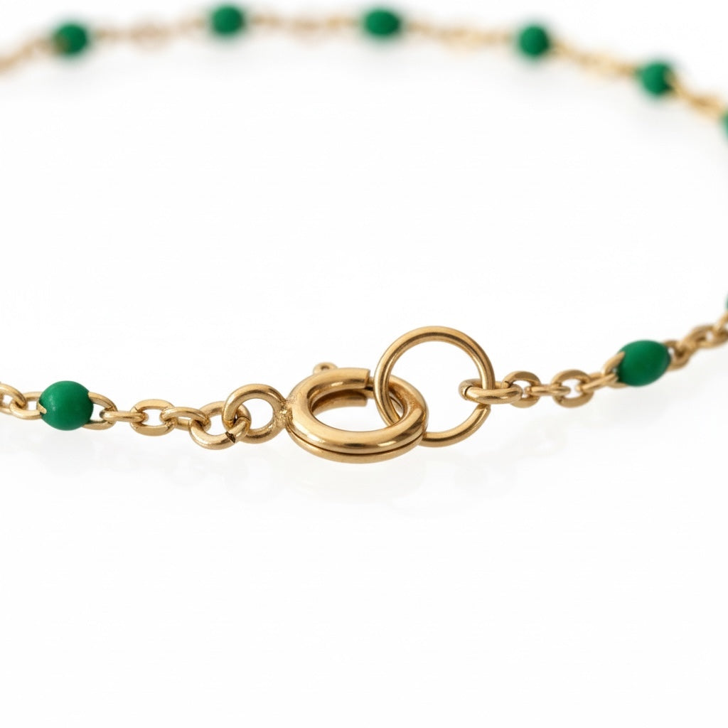 14K Gold Filled Emerald Green Enamel Bead Bracelet — close-up of dainty satellite chain and spring ring clasp by Ashley Nicole Jewelry