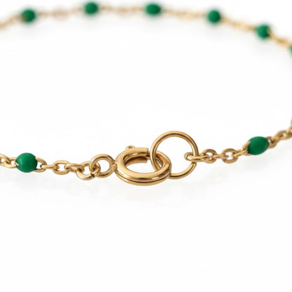 14K Gold Filled Emerald Green Enamel Bead Bracelet — close-up of dainty satellite chain and spring ring clasp by Ashley Nicole Jewelry