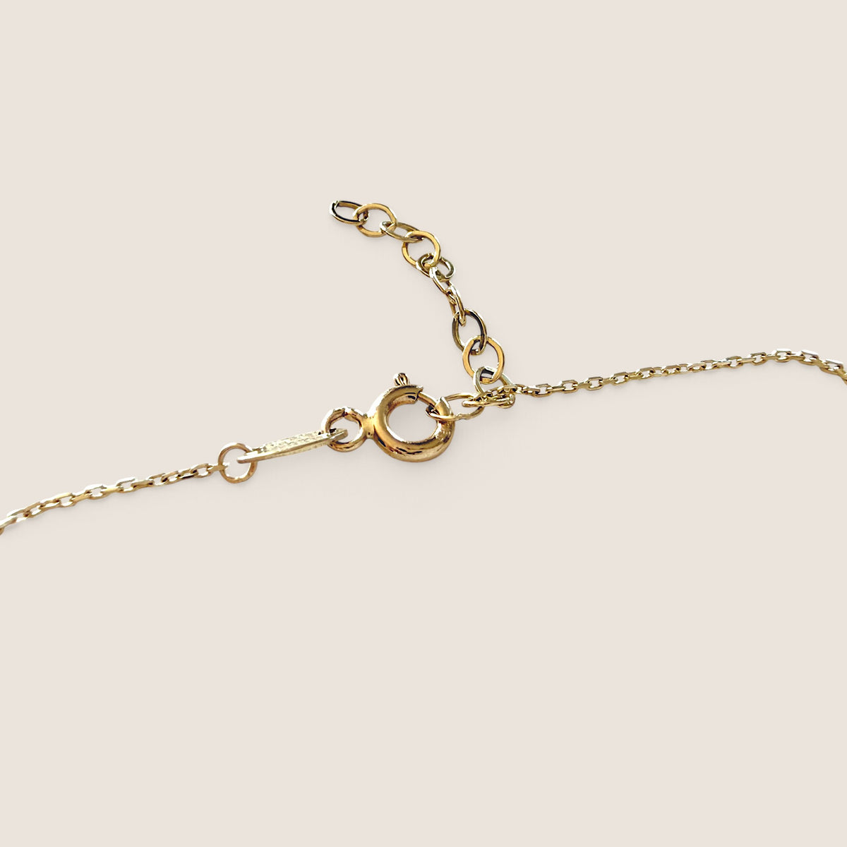 Close-up of the gold necklace’s spring-ring clasp, flat end tab, and oval-link extension chain