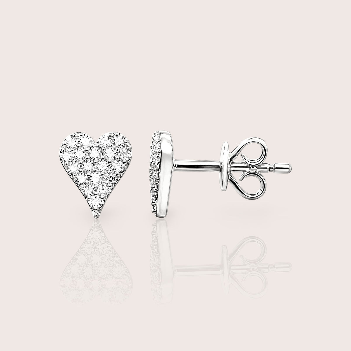 Pair of 14K white gold pavé diamond heart stud earrings