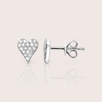 Pair of 14K white gold pavé diamond heart stud earrings
