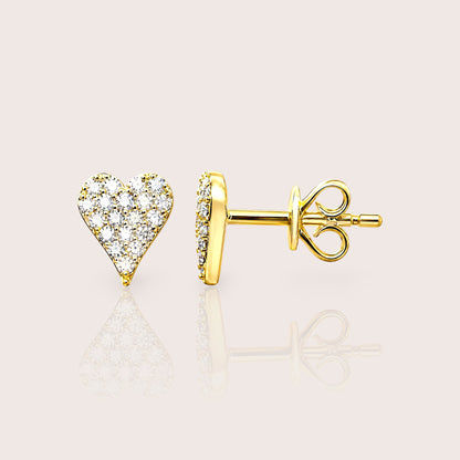 Pair of 14K yellow gold pavé diamond heart stud earrings
