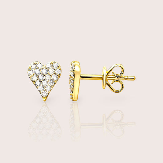 Pair of 14K yellow gold pavé diamond heart stud earrings
