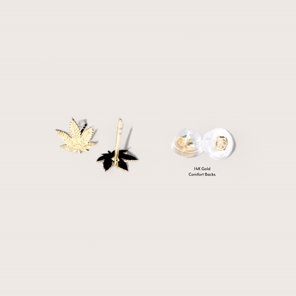 Close up of 14k gold cannabis earrings post and secure cushion backs