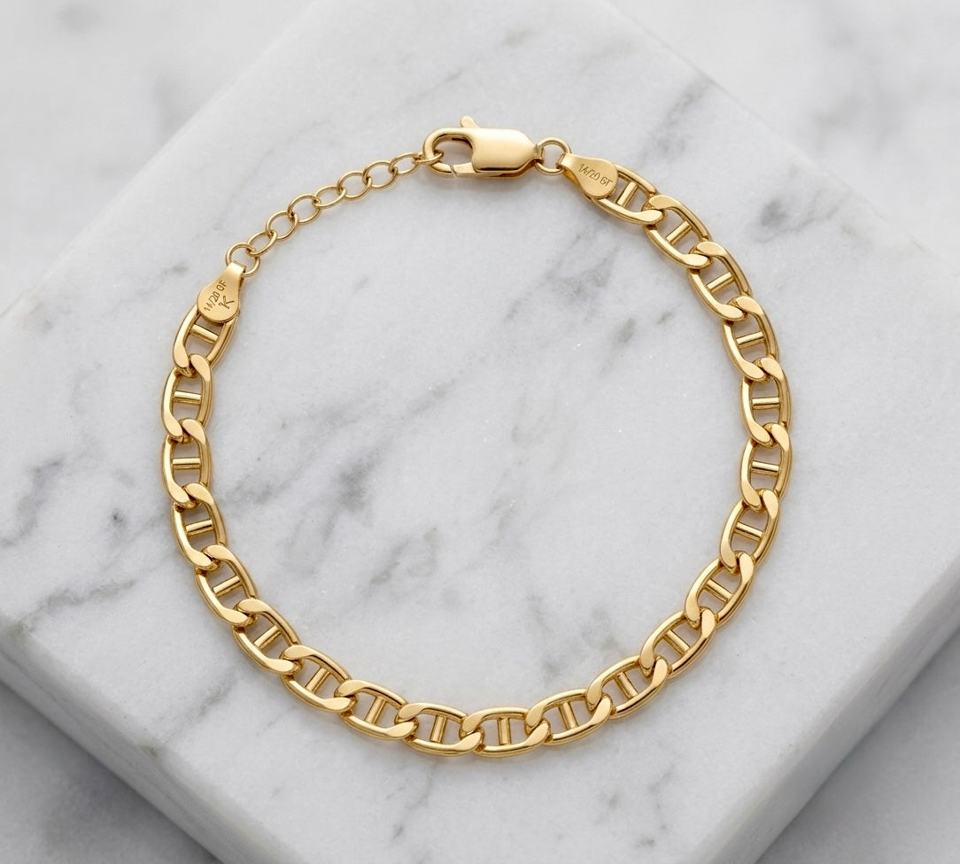 Mariner link  bracelet in 14 Gold Filled water-safe non tarnishing gold, featuring Flat Mariner Chain links, for men, women, adjustable bracelet size option available, total length is 7.5” with adjustable chain