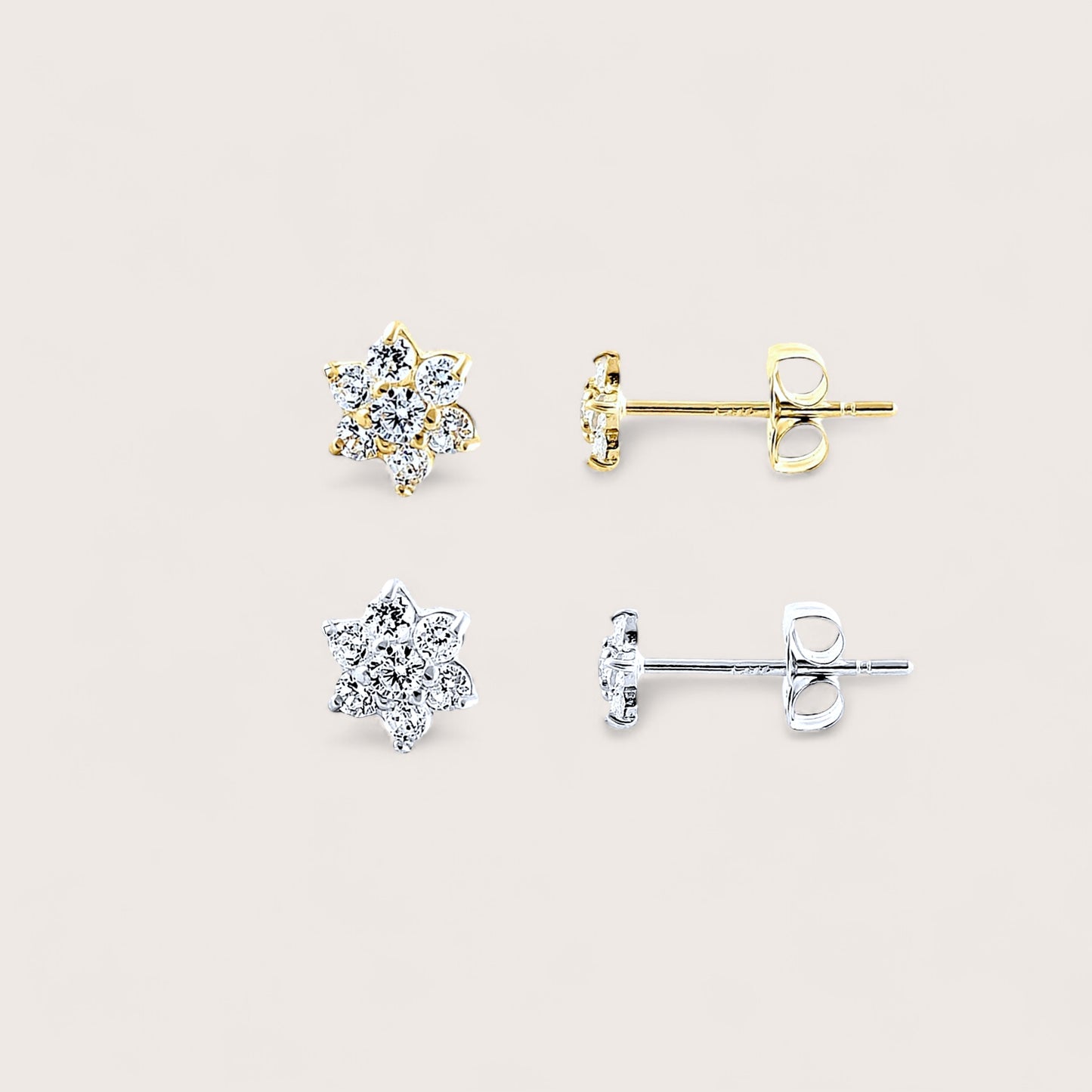Tiny 4.2mm 14K Solid Gold Diamond Flower Earrings with secure back closure shown in 14K yellow gold and 14K white gold options