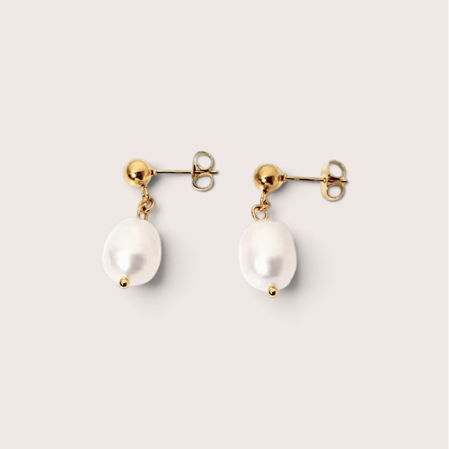 18K gold ball stud earrings featuring a dangling freshwater baroque pearl by  Ashley Nicole Jewelry 