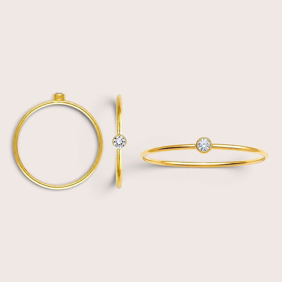 Side, front and top profile views showing low-profile flush bezel setting and slim 18-gauge 14K gold filled band