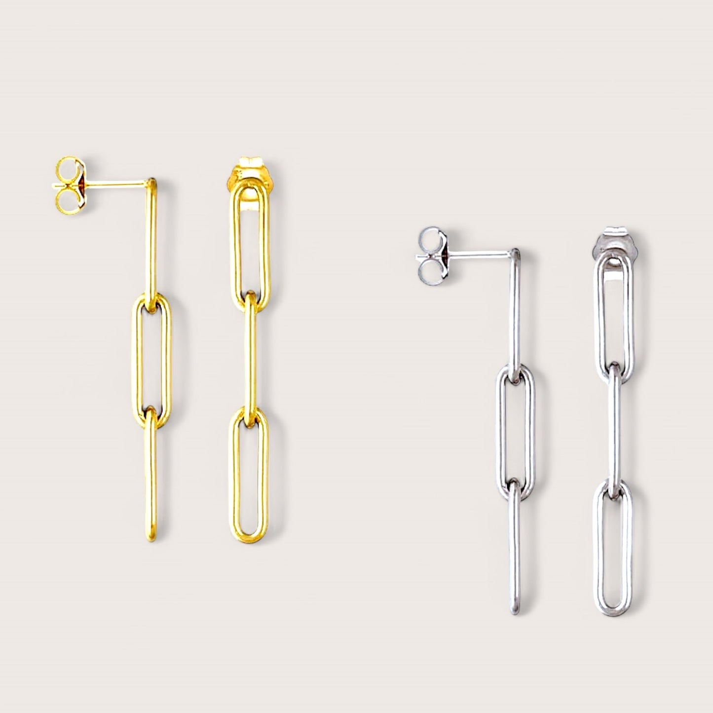 Close-up of gold filled and sterling silver paperclip earrings with secure stud post and butterfly back