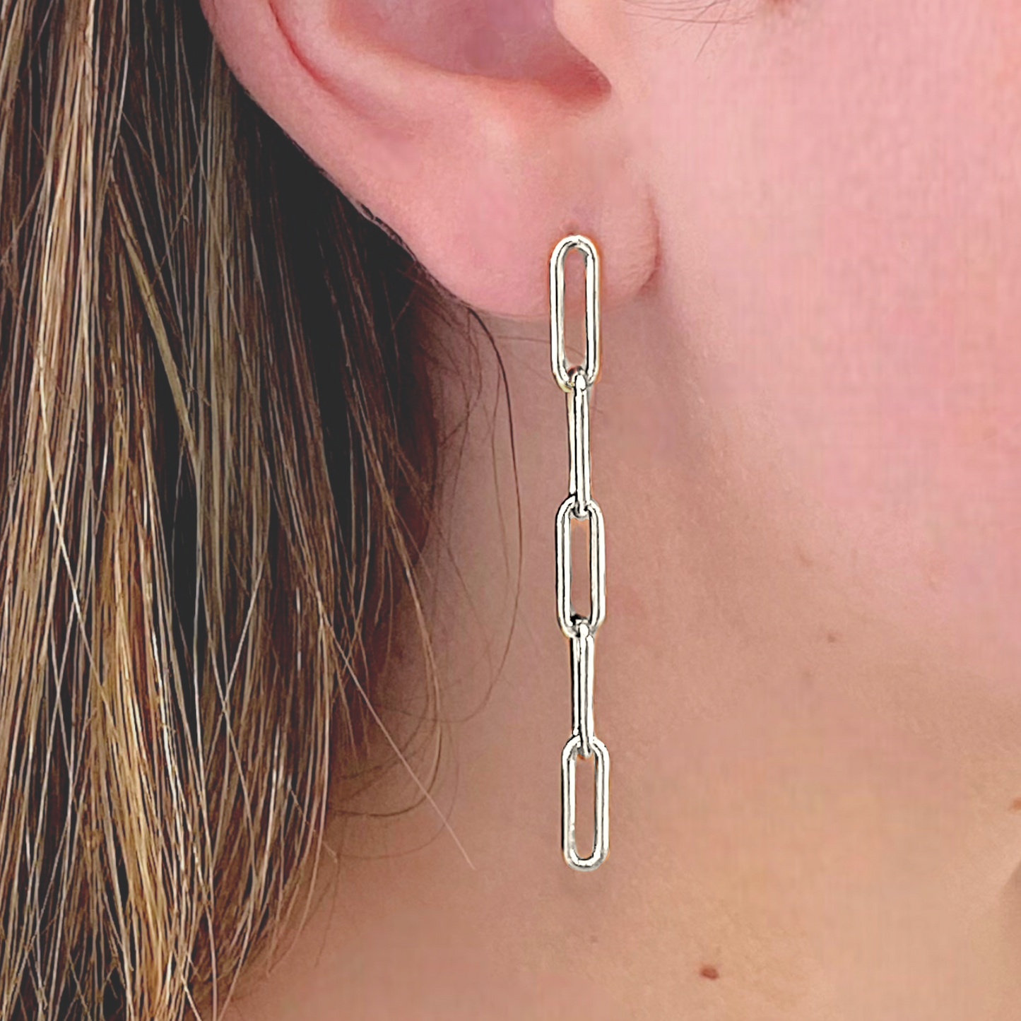 Model wearing the 5 Link Paperclip Chain Link Dangle Earrings in 925 Sterling  Silver