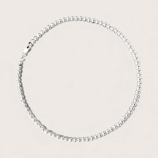 Close-up of Bright Mirror Silver Beads on 925 Sterling Silver Necklace with a lobster c lasp