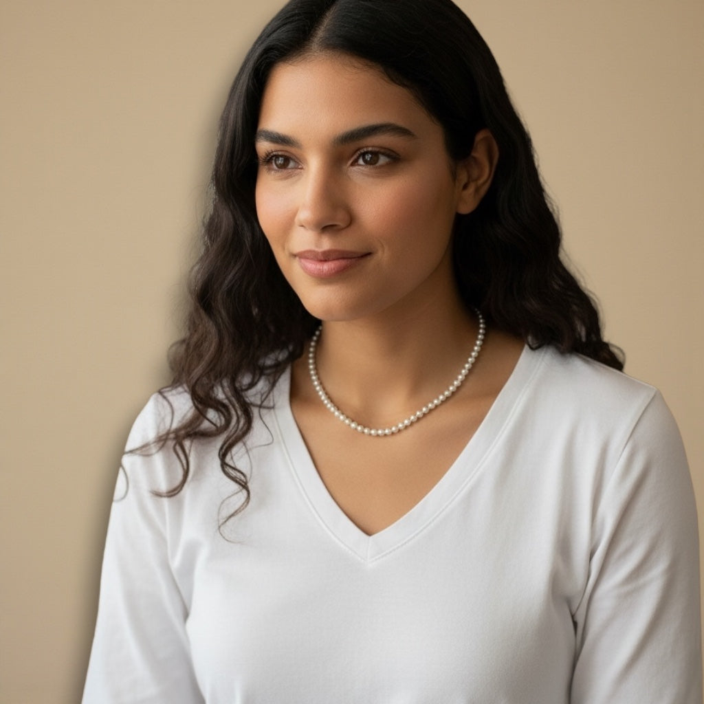 Model wearing 5mm Sterling Silver Bead Necklace