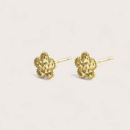 Clover Flower Stud Earrings - Solid 14K Yellow Gold, Diamond Cut Pattern