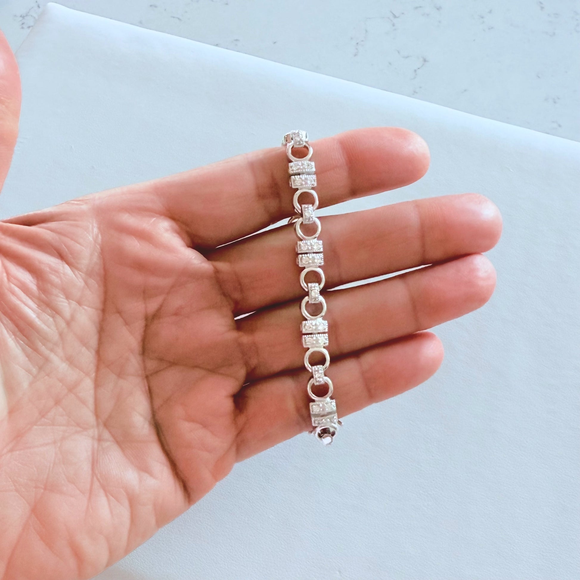 Sterling silver horse bit bracelet with pavé CZ links