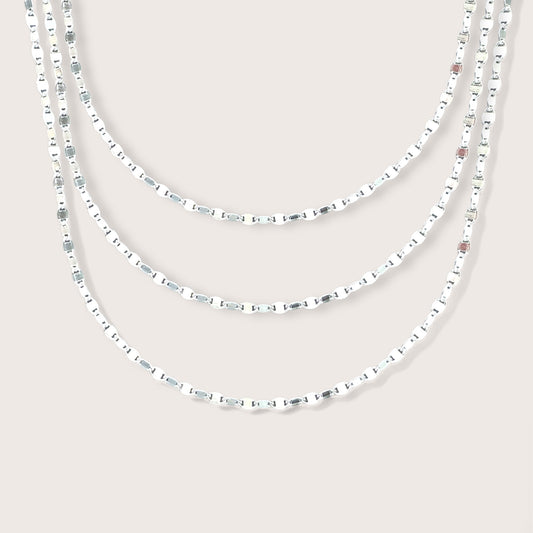 Sparkling Solid 925 Italian Sterling Silver Valentino Link style chain, shown in lengths stacked.