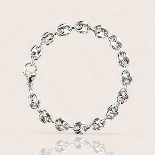 925 Sterling Silver puffed mariner bracelet shown in 8mm width with lobster clasp