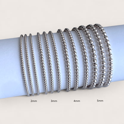 Sterling silver bead bracelet size comparison — 2mm, 3mm, 4mm, 5mm widths side by side