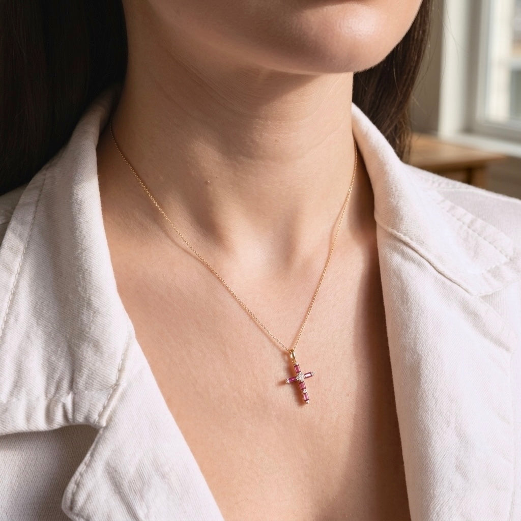 14K Gold Ruby Diamond Cross Necklace - Fine Precious Gemstone Pendant
