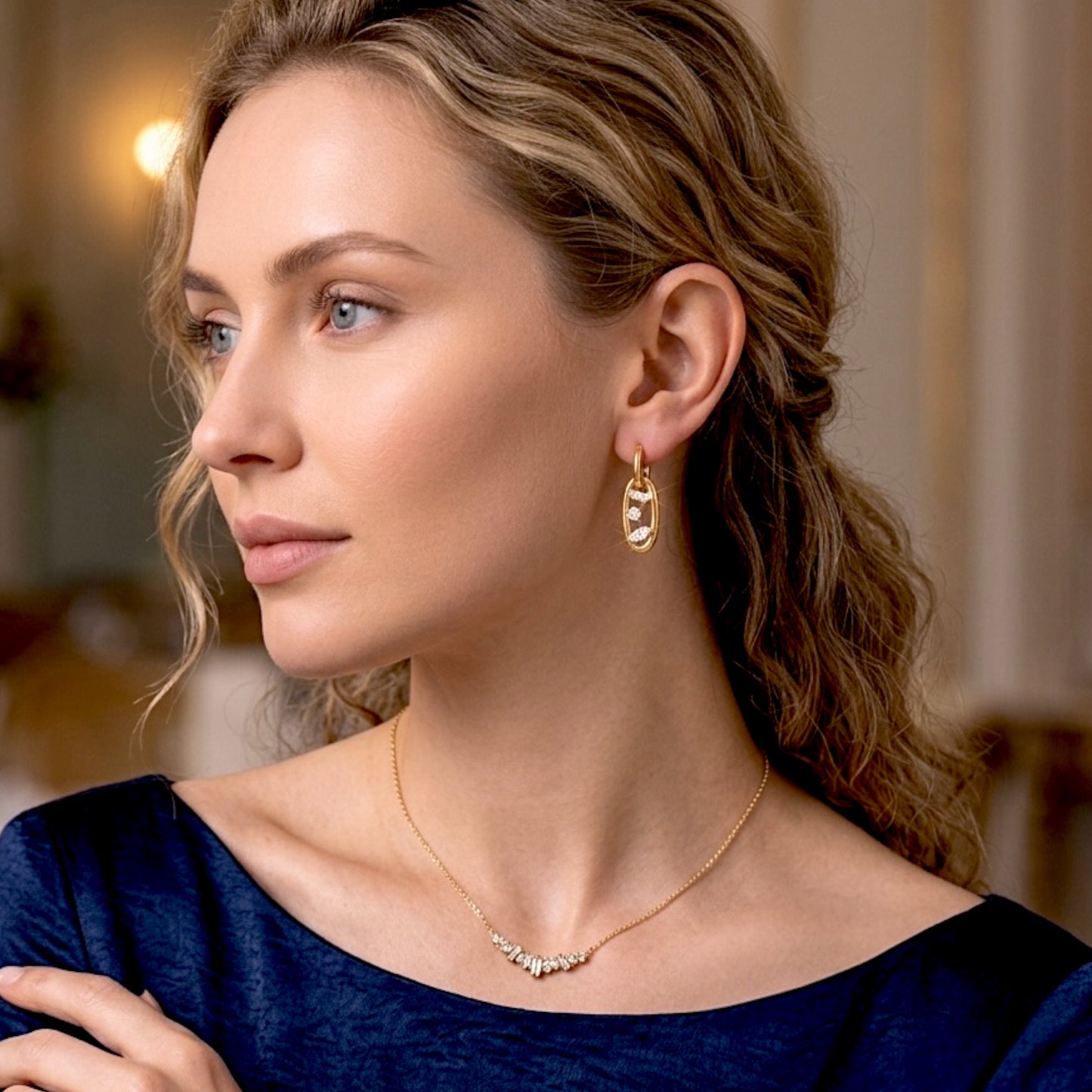 Oval Link Floating CZ Huggie Earrings⁠
