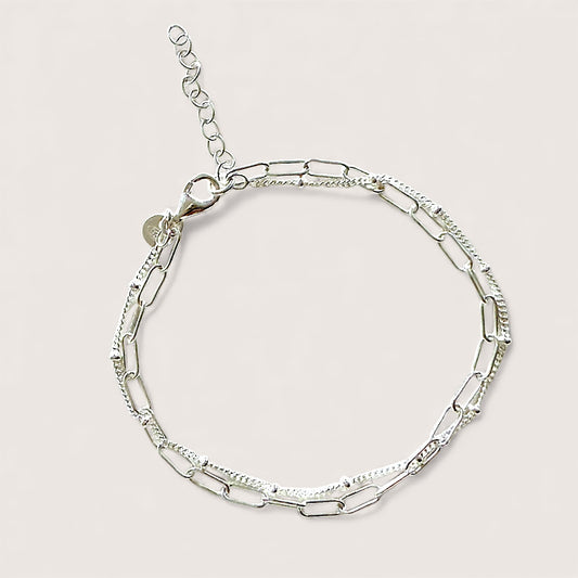 Sterling silver double chain bracelet with paperclip and satellite chain