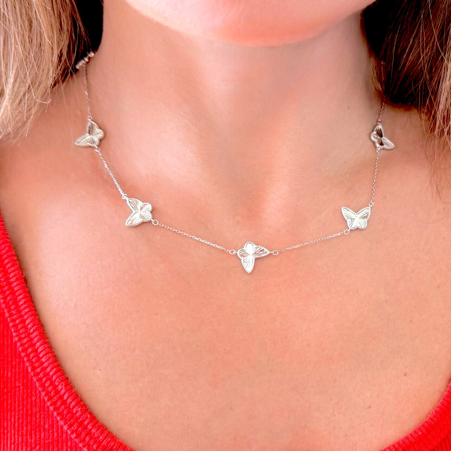 Elegant sterling silver necklace styled on model