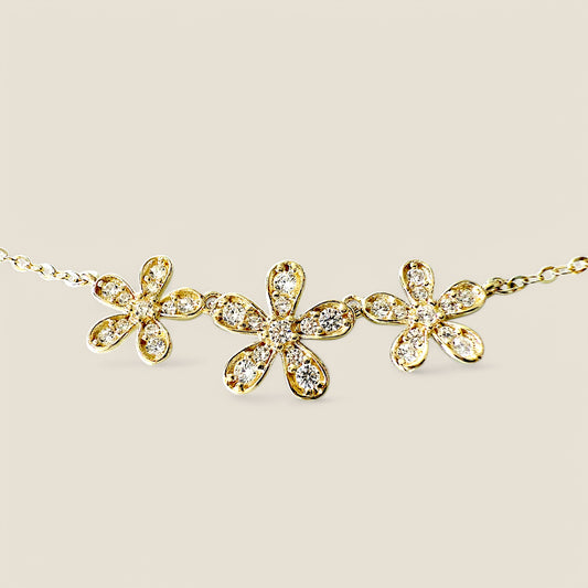 14K Solid Gold 3 Diamond CZ Flower Pendant Necklace
