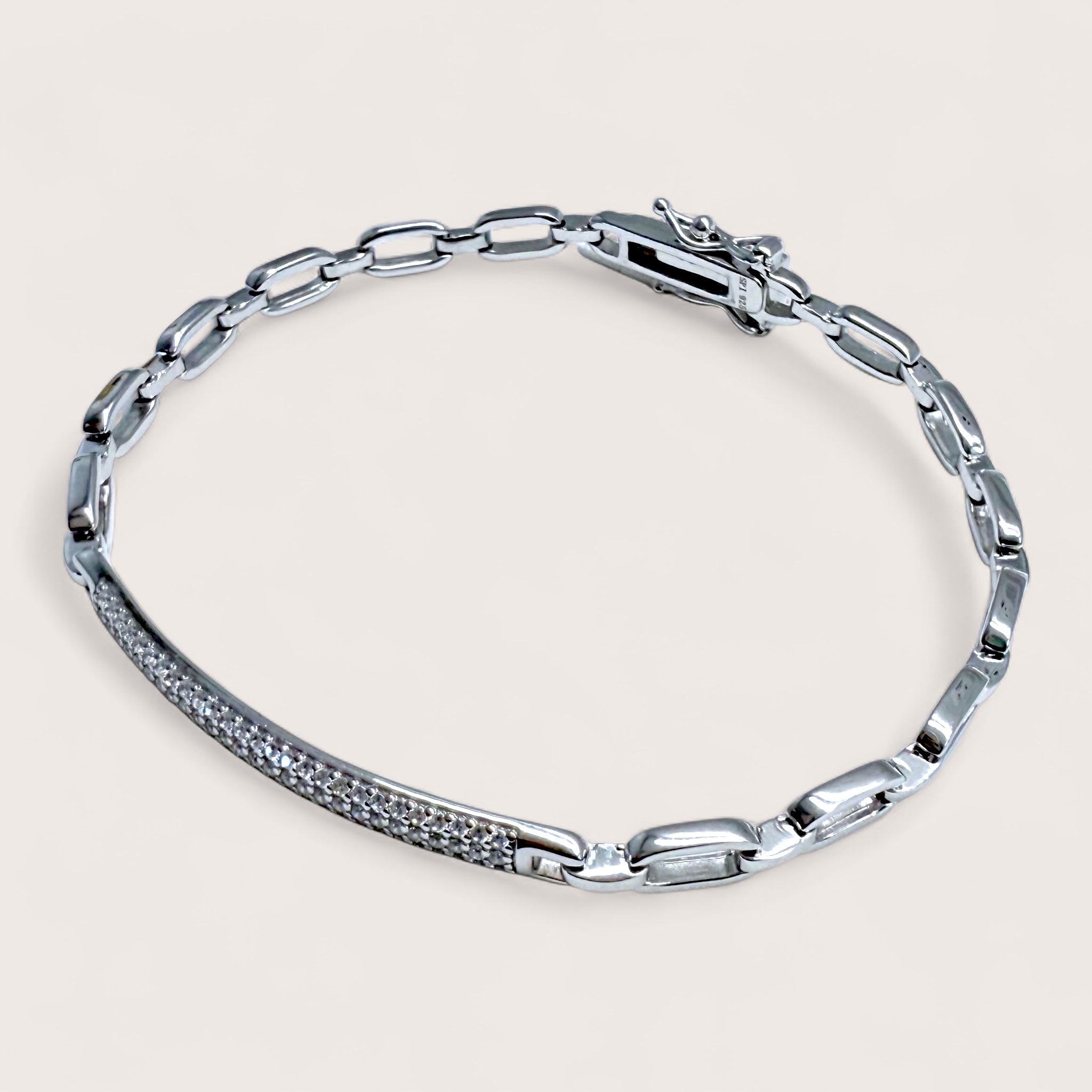 Pave CZ Diamond Bar Bracelet | Italian Sterling Silver Paperclip
