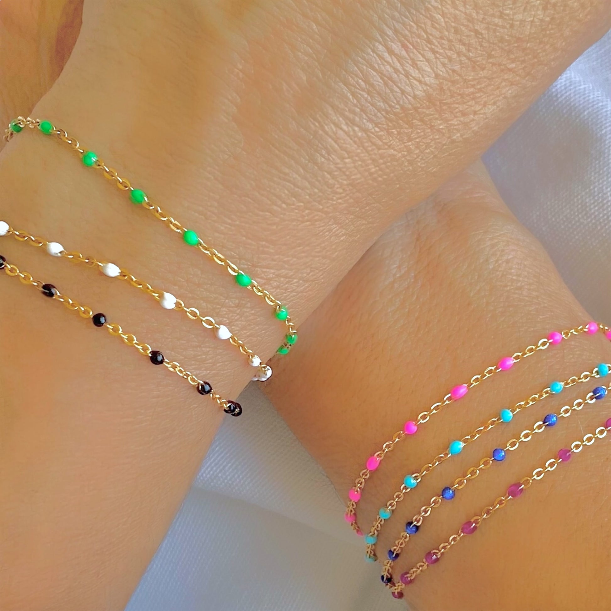 14K Yellow Gold and Colorful Enamel Beaded Station Chain Bracelets in various color options