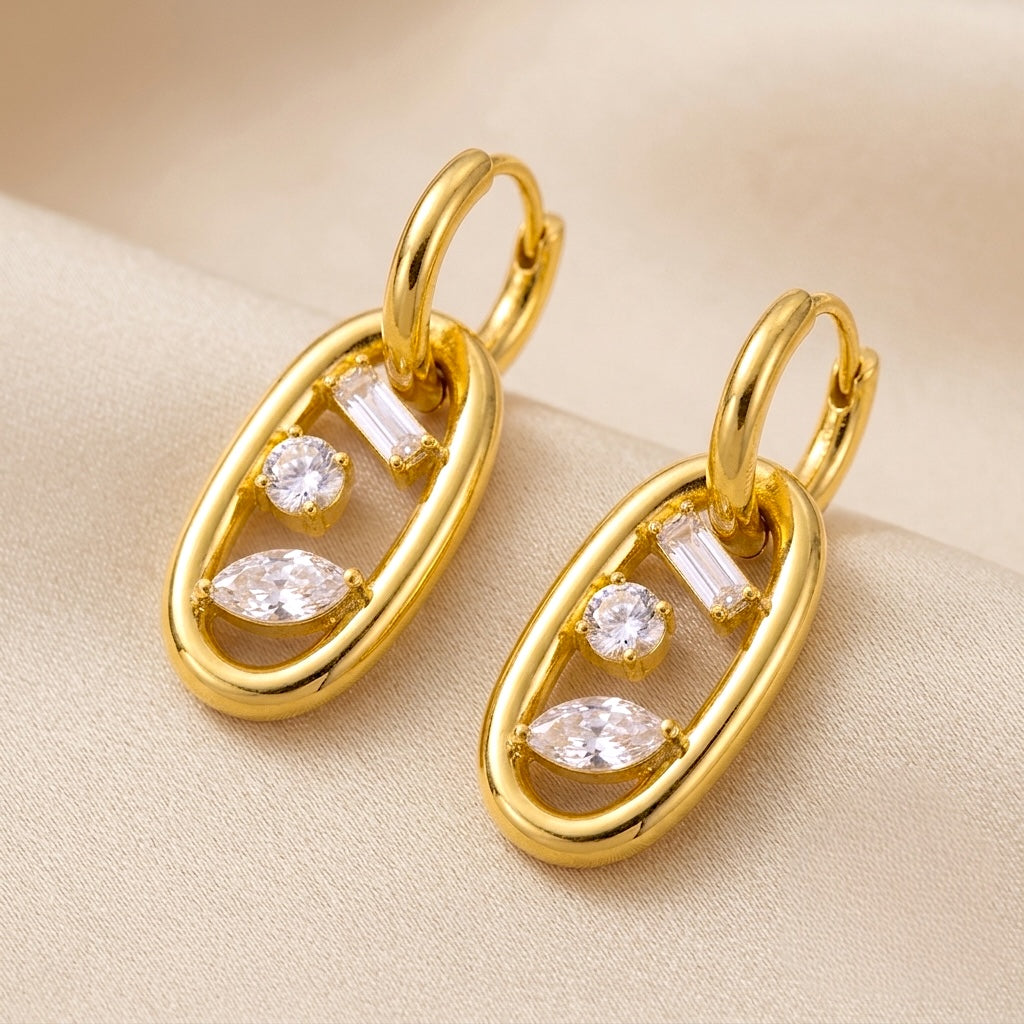 Oval Link Floating CZ Huggie Earrings⁠