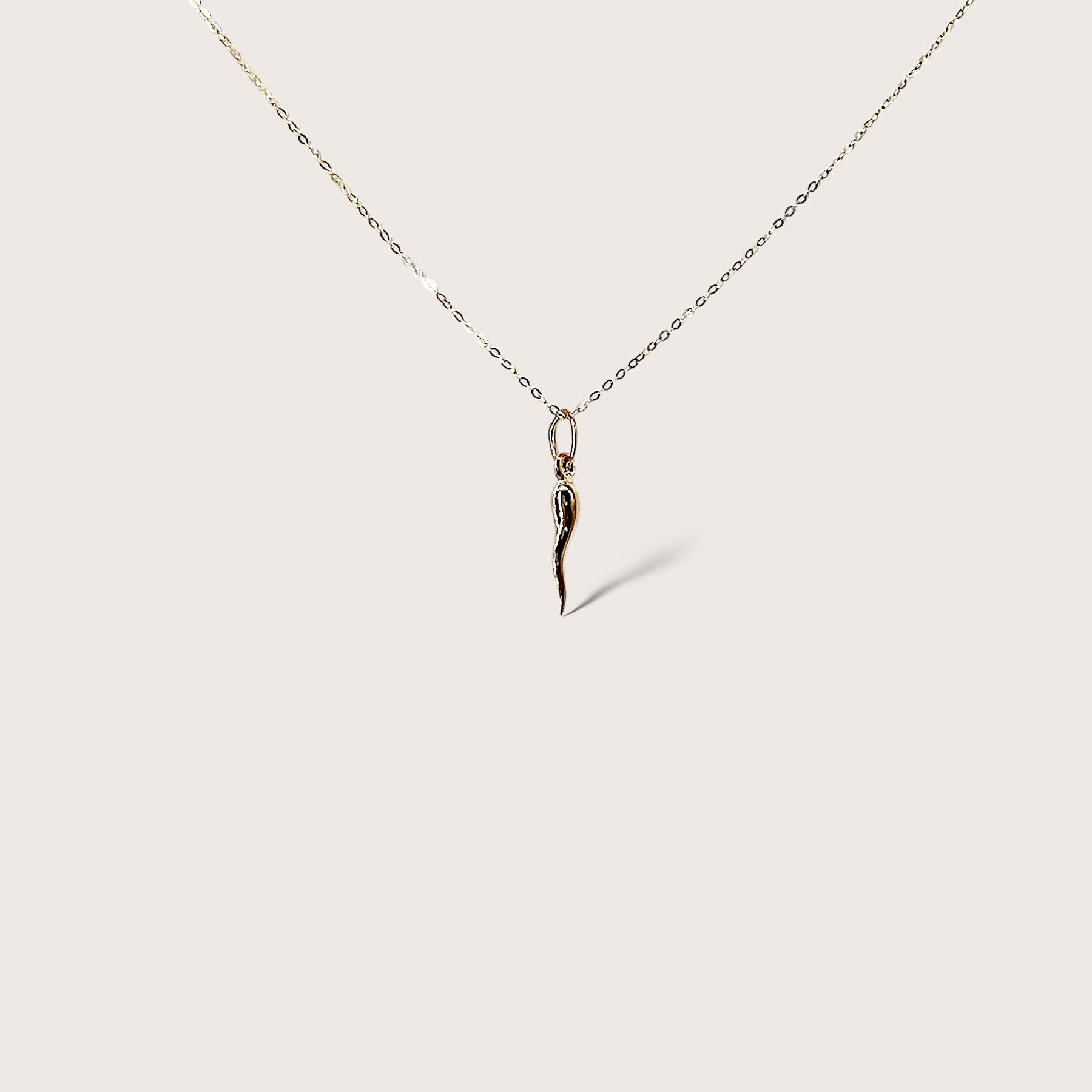 Showing a close up of the 14k Gold Necklace with the Small horn pendant 