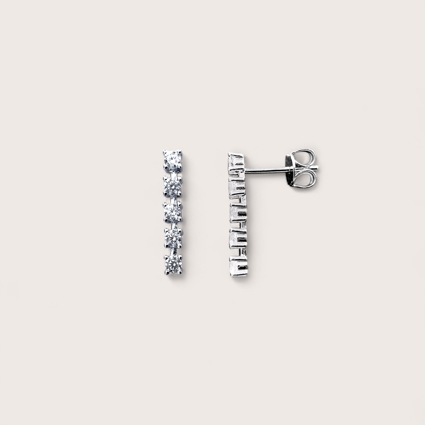 Rigid sterling silver linear bar earrings with 5 cubic zirconia stones