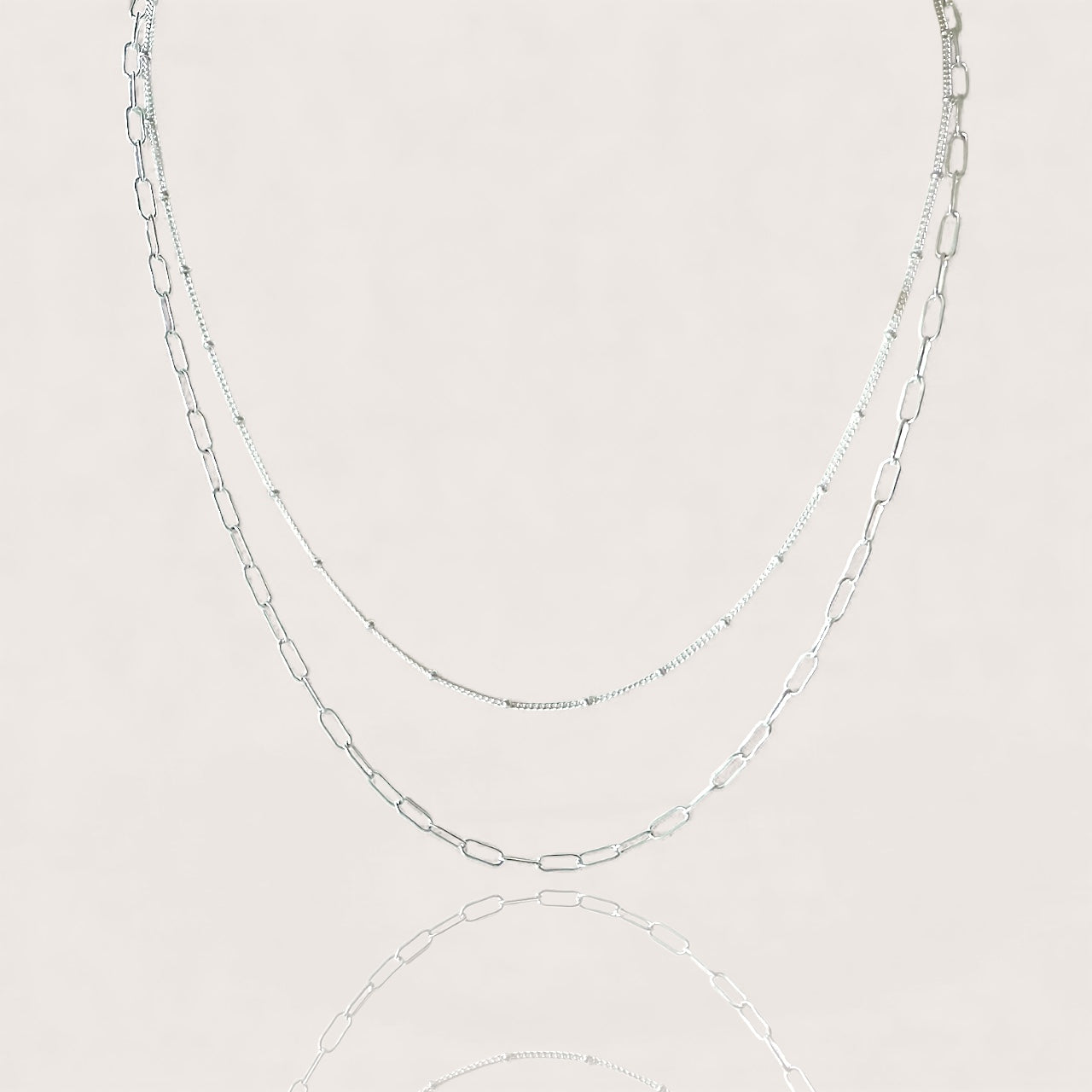 925 Italian Sterling Silver  double-layered necklace with paperclip chain and dainty satellite chain with one clasp