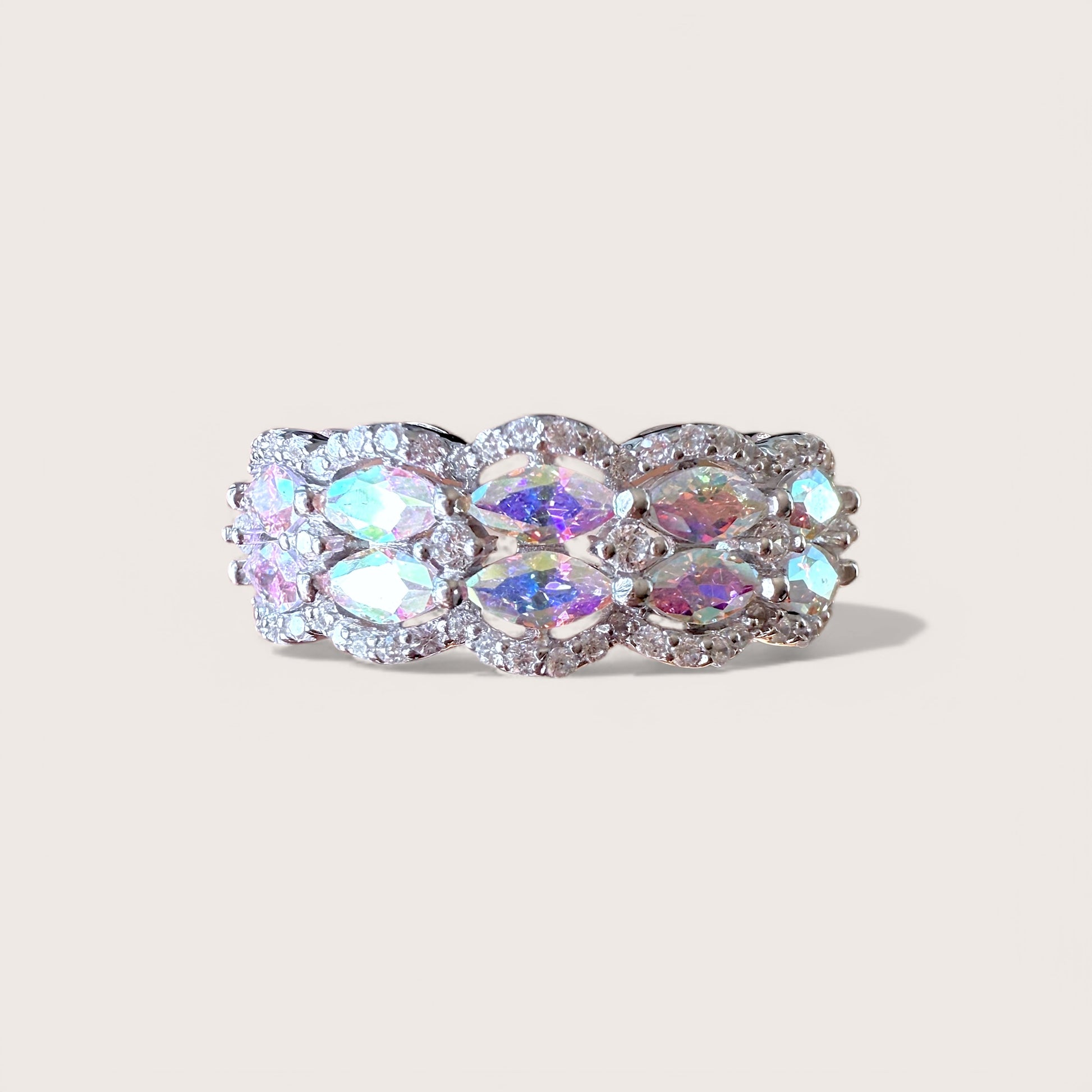Sterling Silver Marquise Iridescent Rainbow CZ Ring, Band width:
Plating: rhodium plated, Finish: high polish