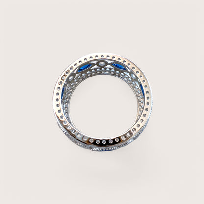 Side View of Wide 7.5mm sapphire and clear CZ gemstone band