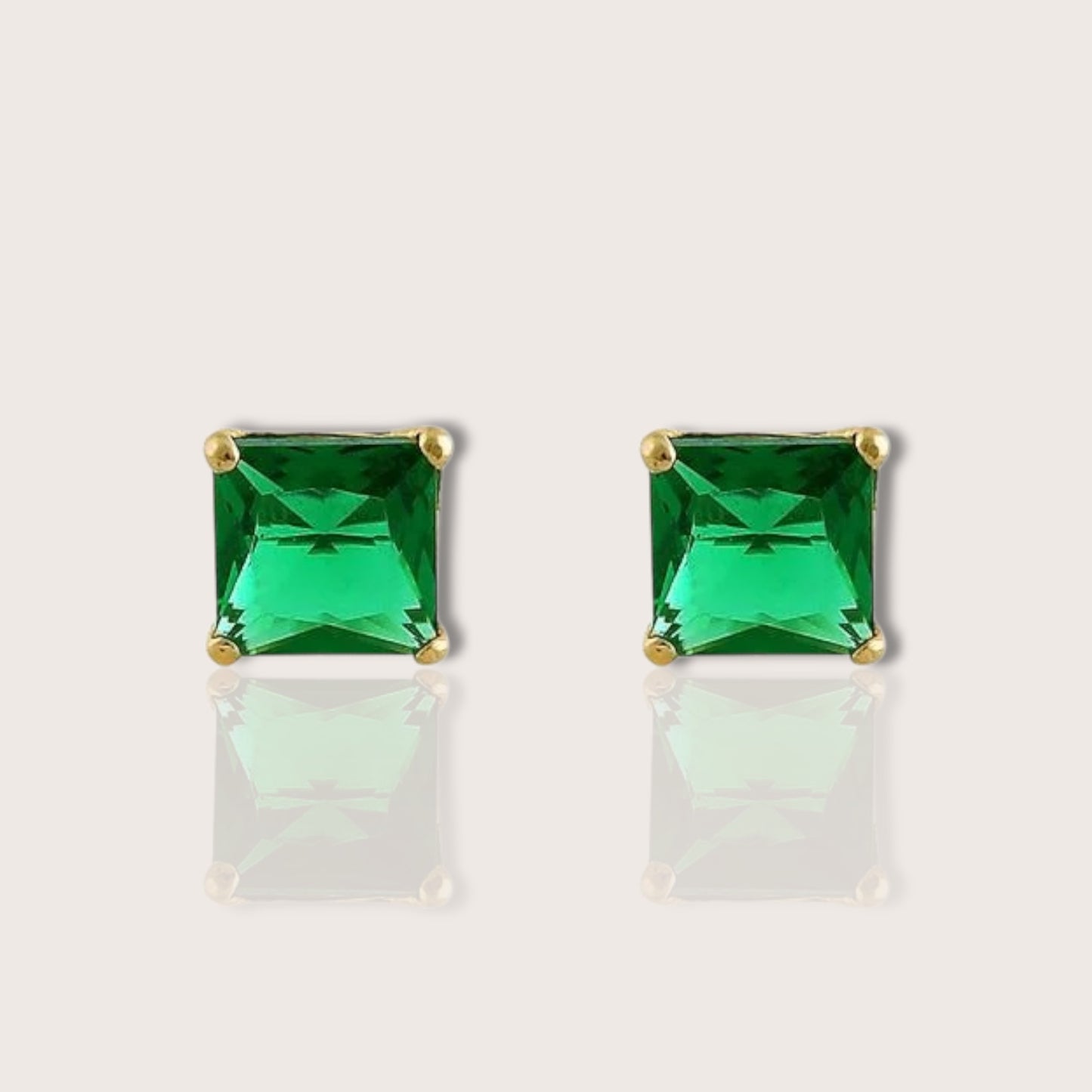 Front side of a pair of Solid 14K Yellow Gold  Square Basket 4-Prong Setting  Emerald Green Earrings