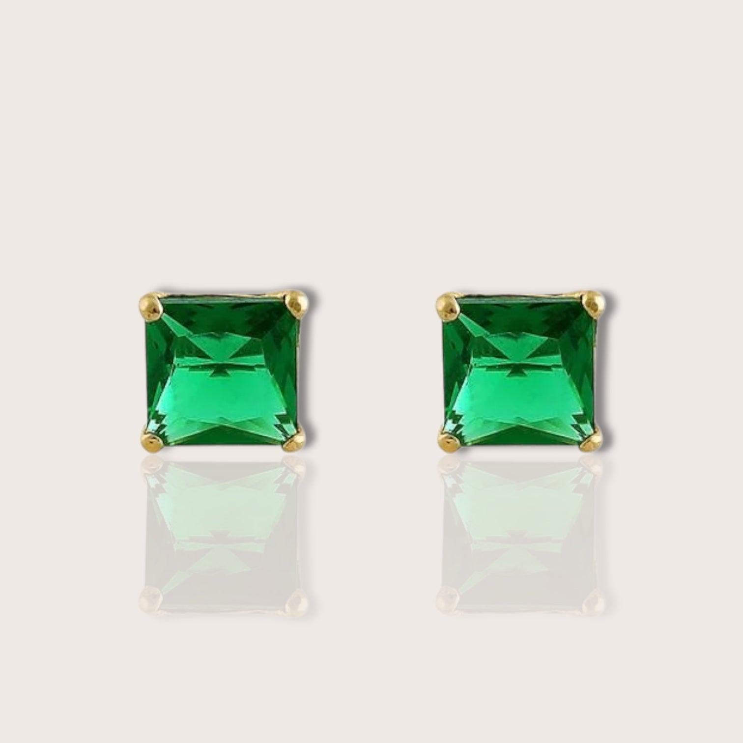 Front side of a pair of Solid 14K Yellow Gold  Square Basket 4-Prong Setting  Emerald Green Earrings